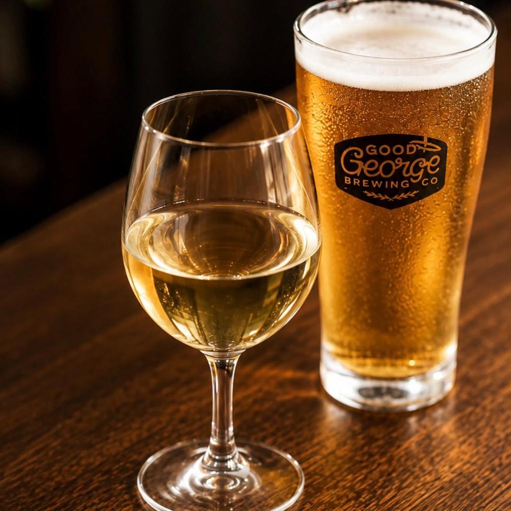 A glass of white wine beside a cold pint on the dark timber bar.
