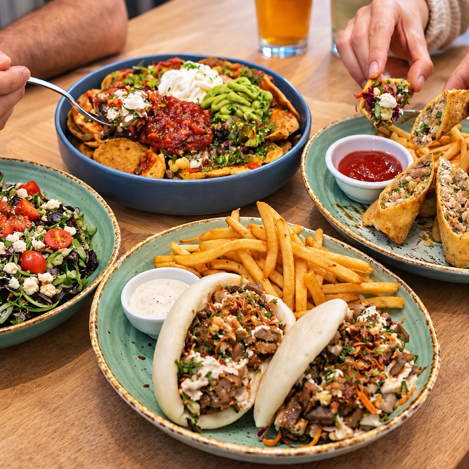 A table at Mia Kusina mid-meal — nachos, bao buns, a salad and wraps being shared between two people.