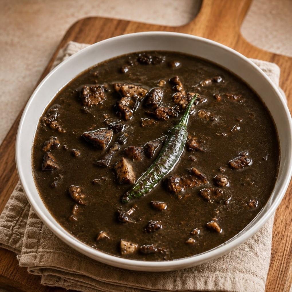 A white bowl of dark Filipino pork stew with a long green chilli laid across it.