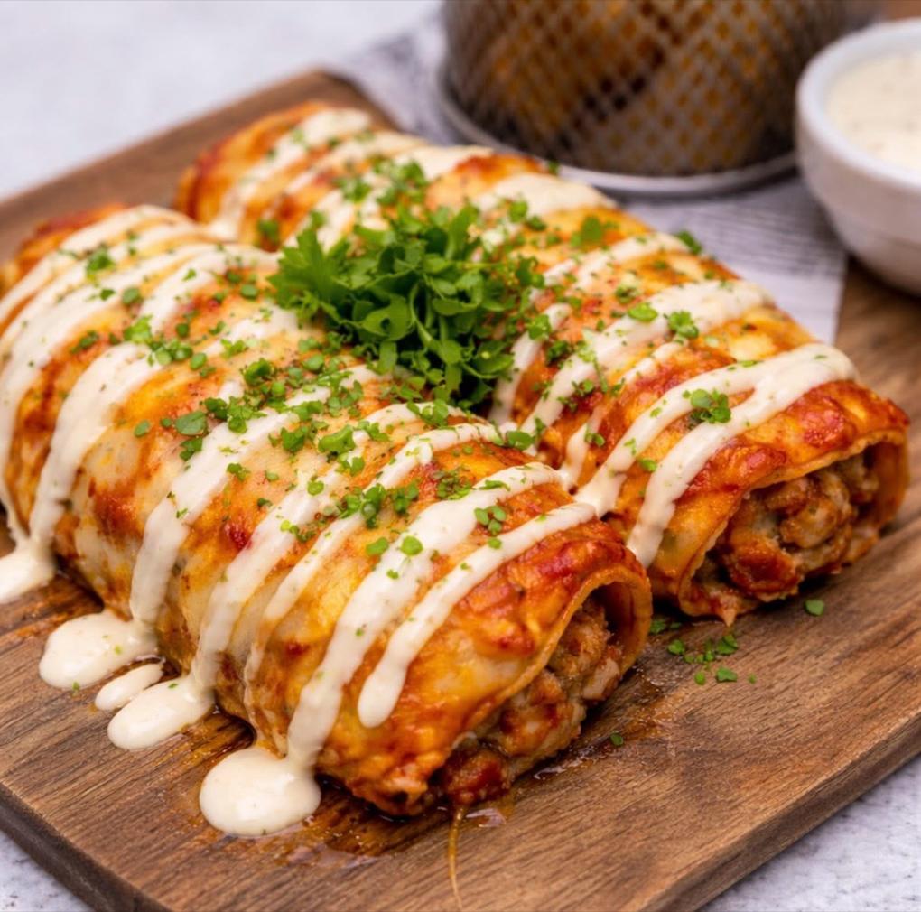 Two beef enchiladas baked under cheese and tomato on a wooden board, striped with garlic cream.