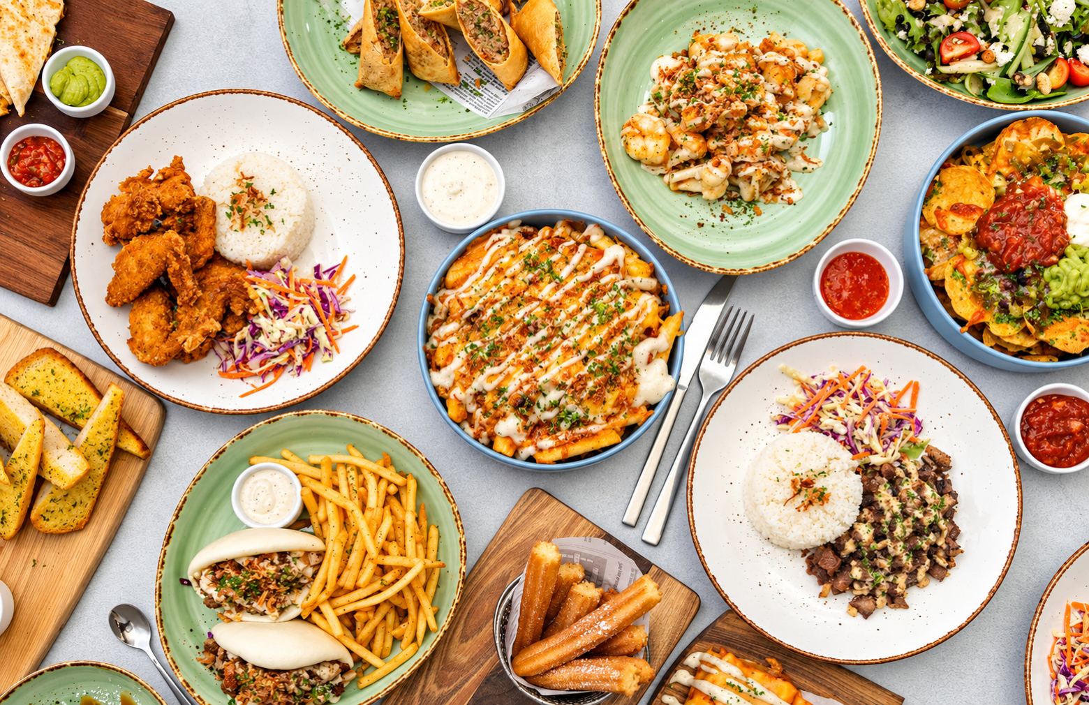 An overhead table of Mia Kusina dishes: fried chicken with rice, loaded fries, adobo cauliflower, bao buns, nachos, garlic bread and churros.