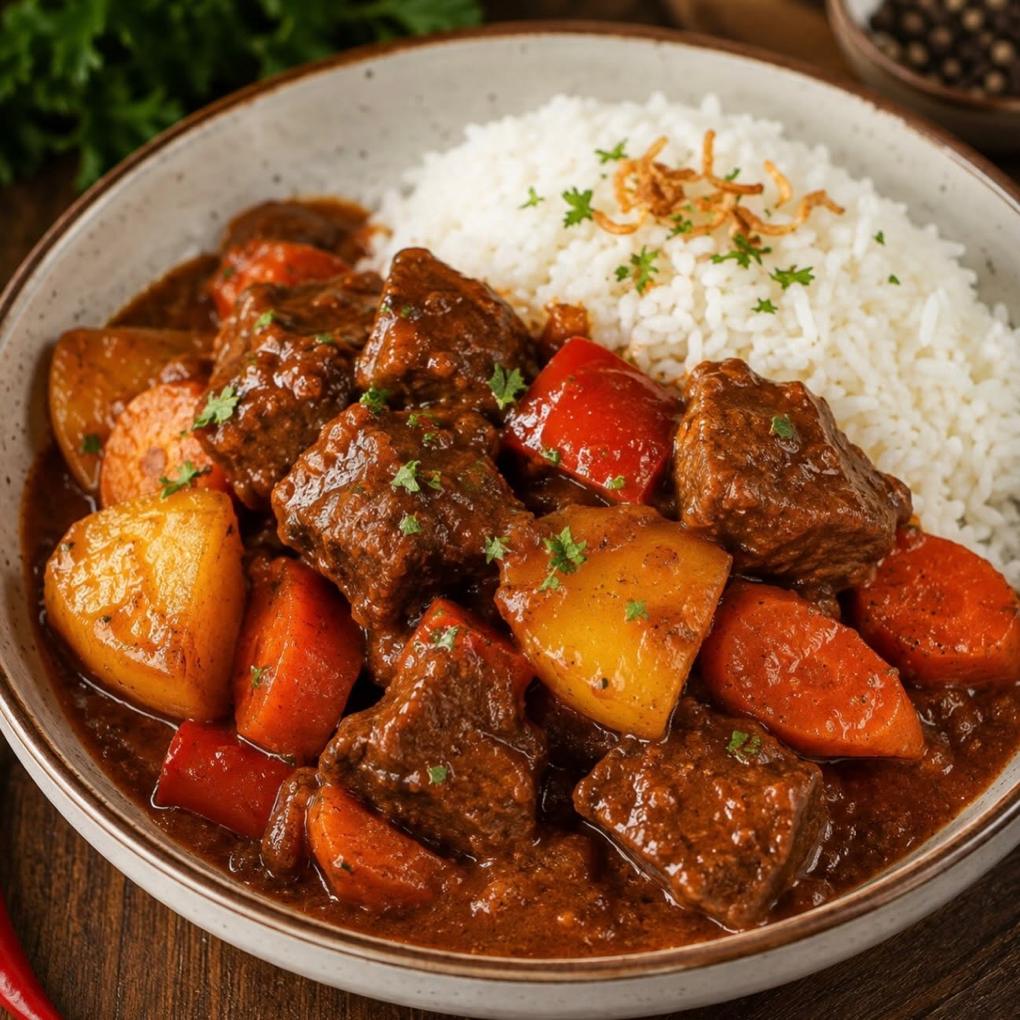 Beef caldereta with carrot, capsicum and potato beside a mound of steamed rice.