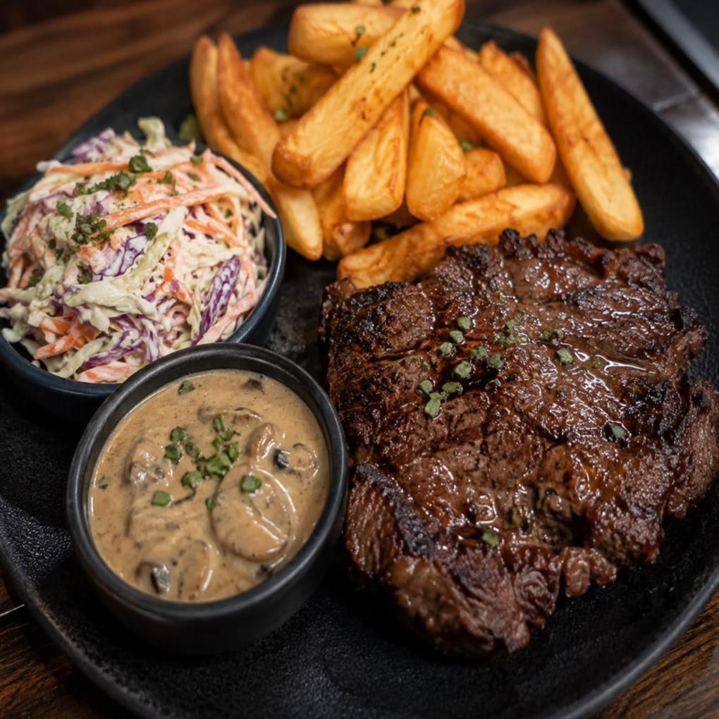 Chargrilled steak on a black plate with chunky chips, slaw and mushroom sauce.