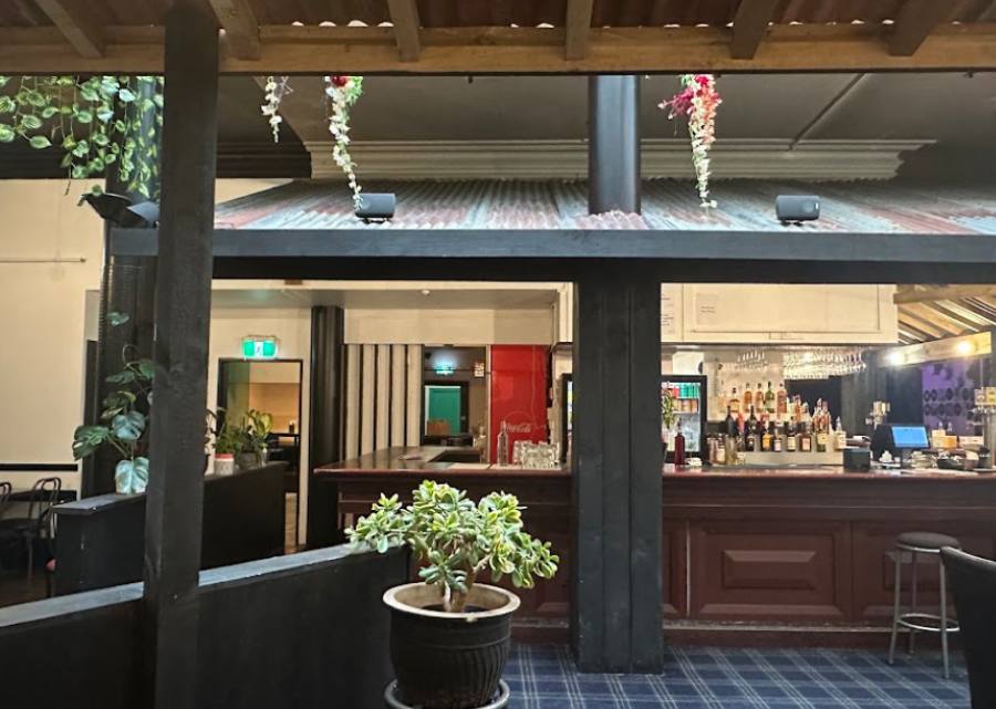 The bar at Mia Kusina before service, with hanging glassware and a potted plant in the foreground.